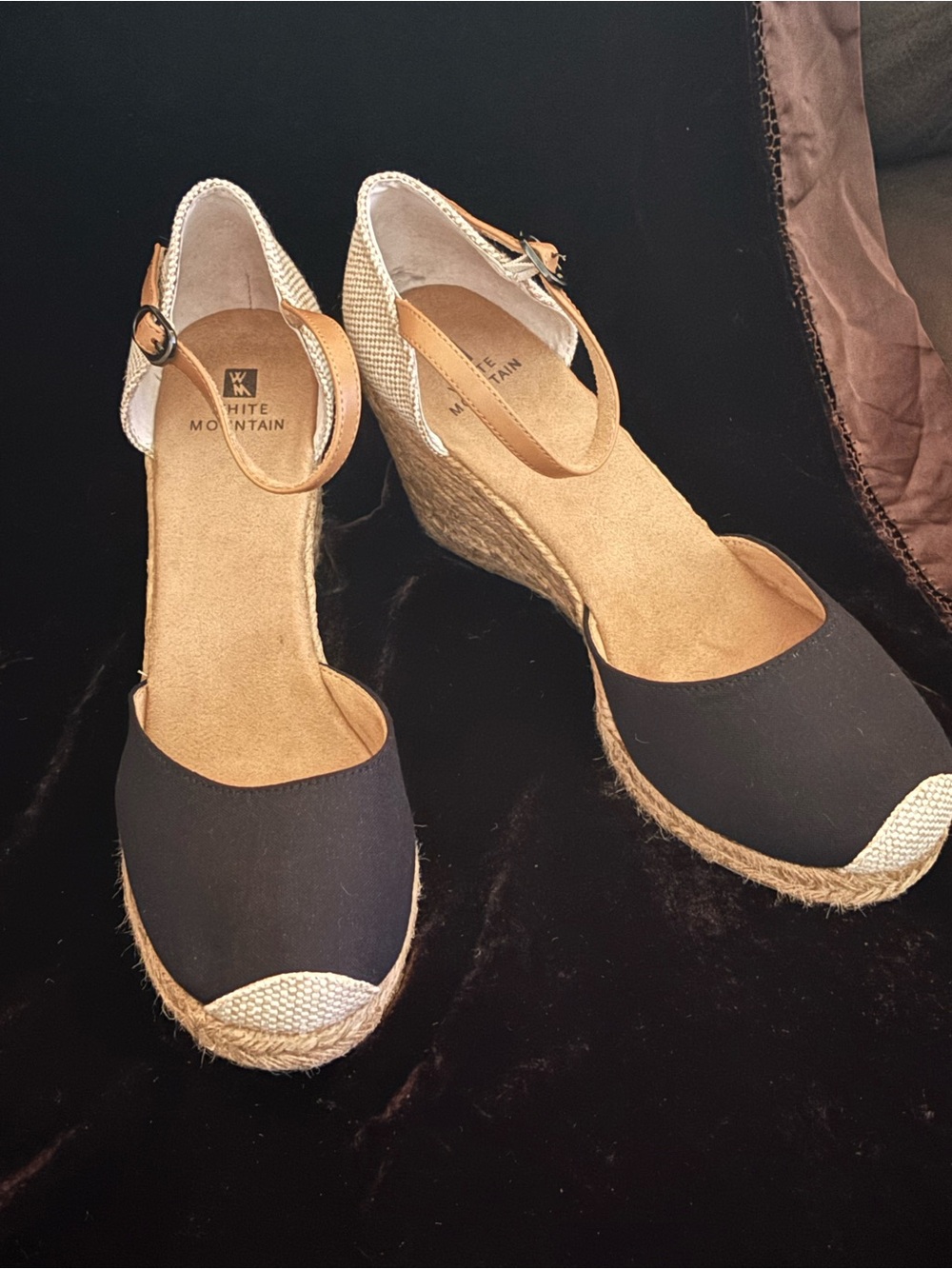 White Mountain Tan and Black Espadrille Wedge Sandals